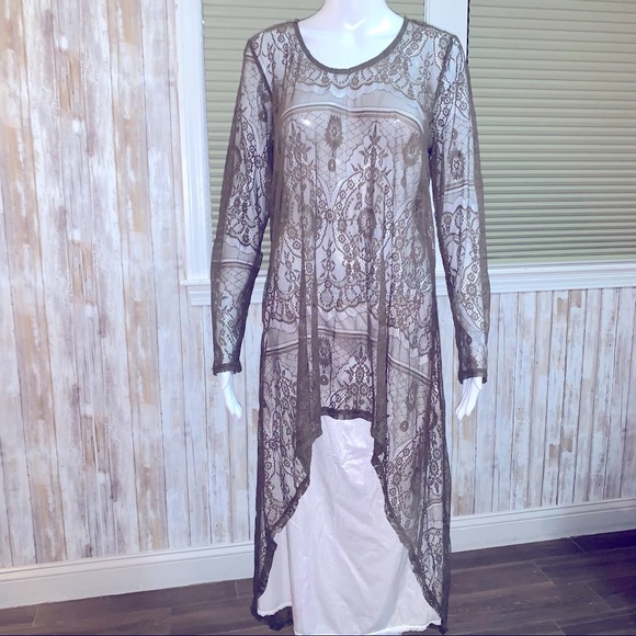 Paper & Tee Olive Green High Lo - long sleeve- GoRgEoUs lace Top - Picture 1 of 5